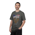 Man wearing a gray t-shirt with an eagle and text design on a white background
