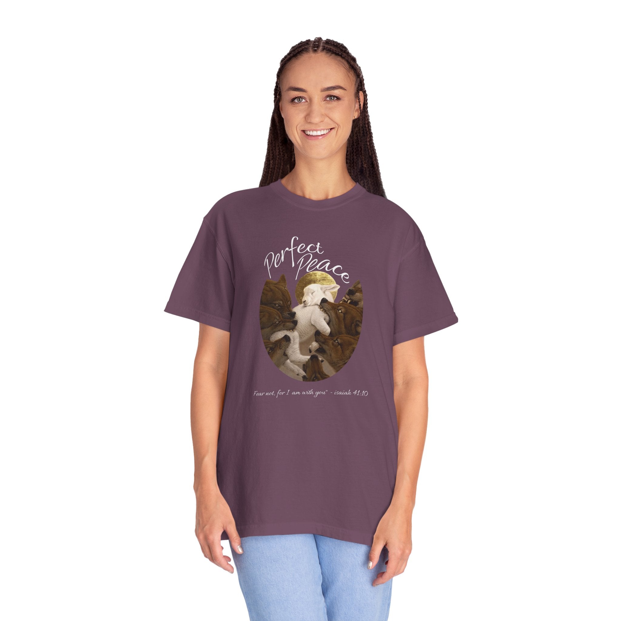 Woman wearing a purple t-shirt with a graphic design and text on a white background