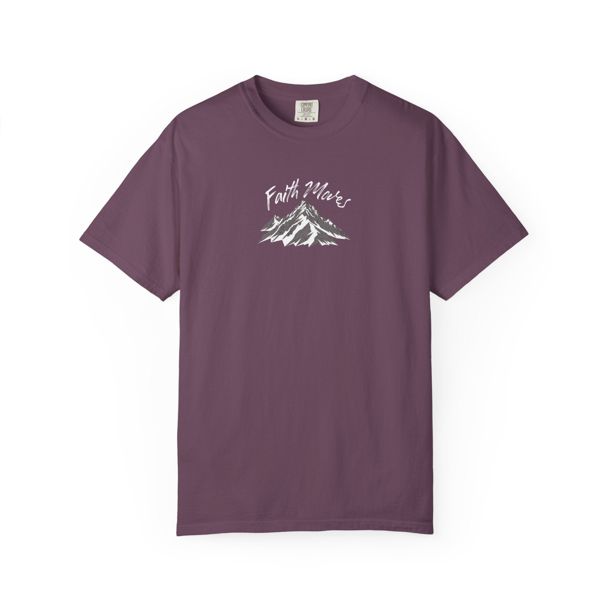 Purple t-shirt with a small logo on a white background