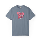 Teal t-shirt with 'Blessed & Becoming' text on a white background