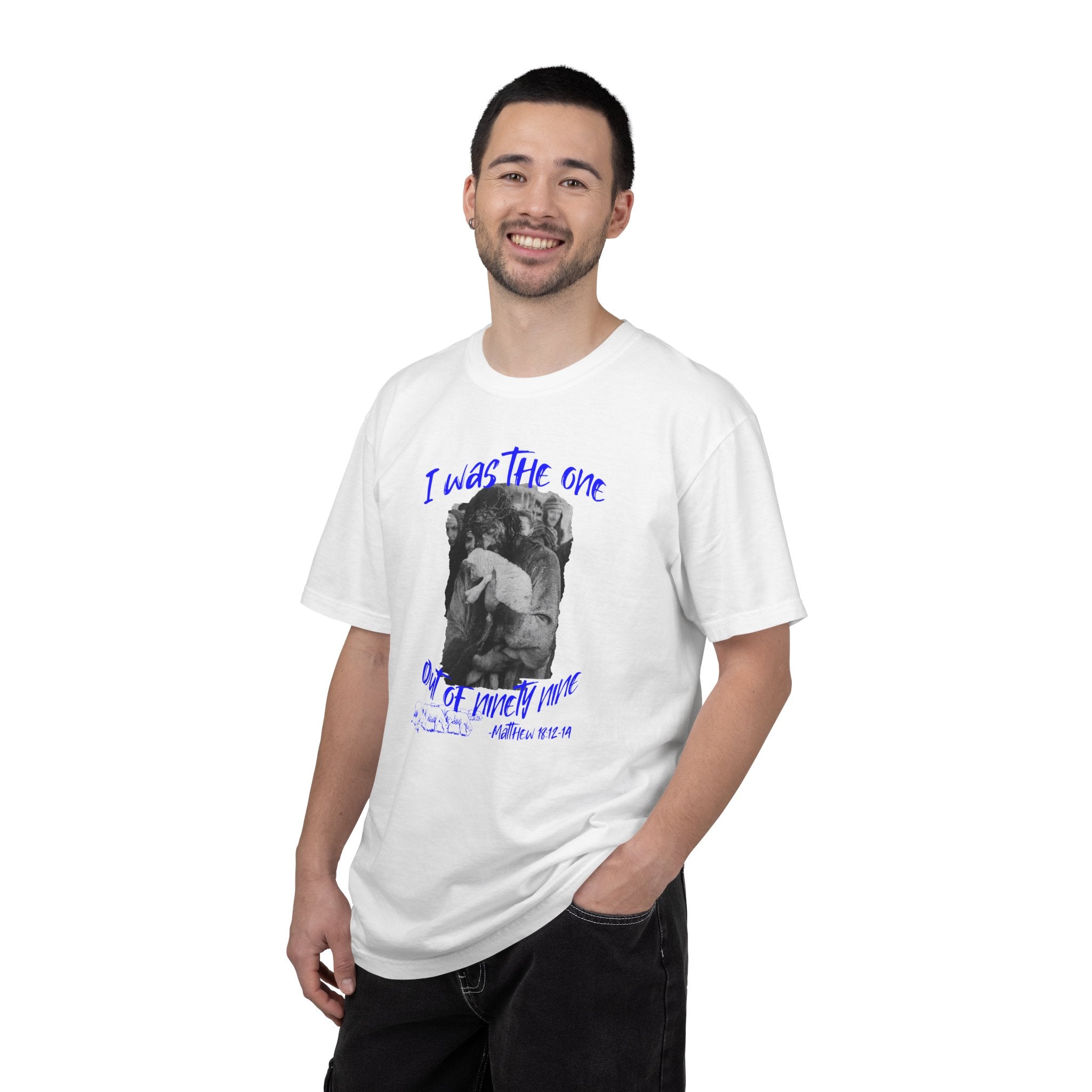 Man wearing a white t-shirt with text and graphic design on a white background