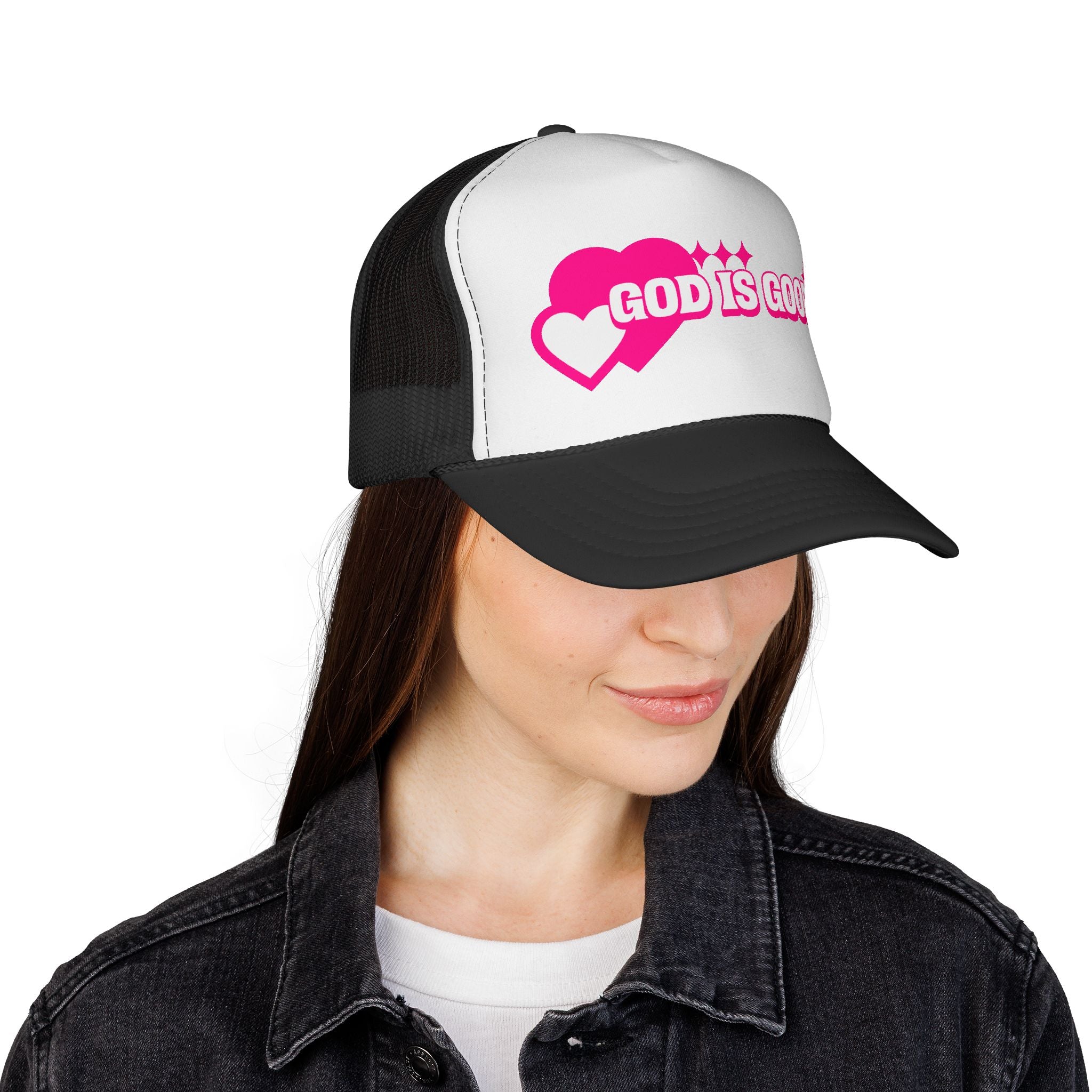 God Is Good Pink Heart Trucker Cap