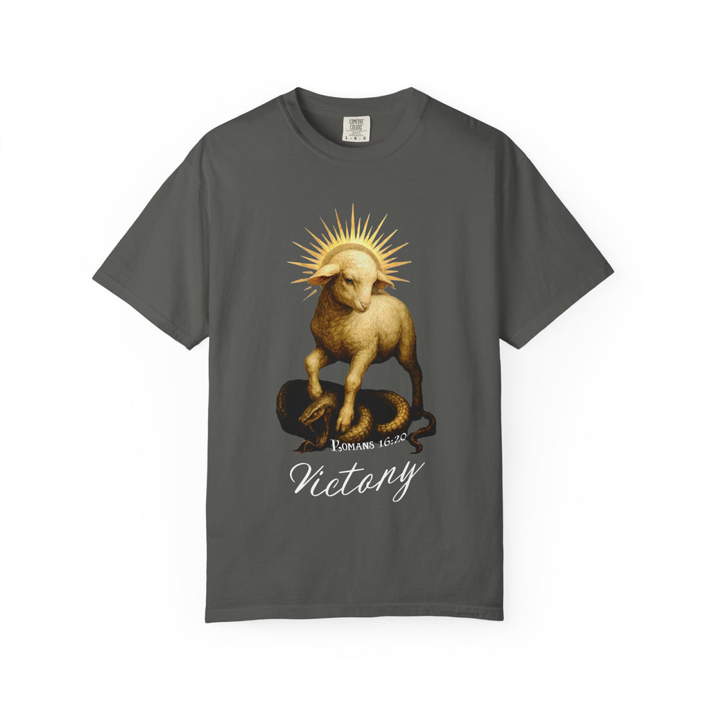 Gray t-shirt with a graphic of a lamb on a snake and the word 'Victory' on a white background