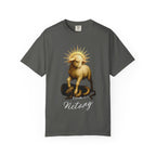 Gray t-shirt with a graphic of a lamb on a snake and the word 'Victory' on a white background
