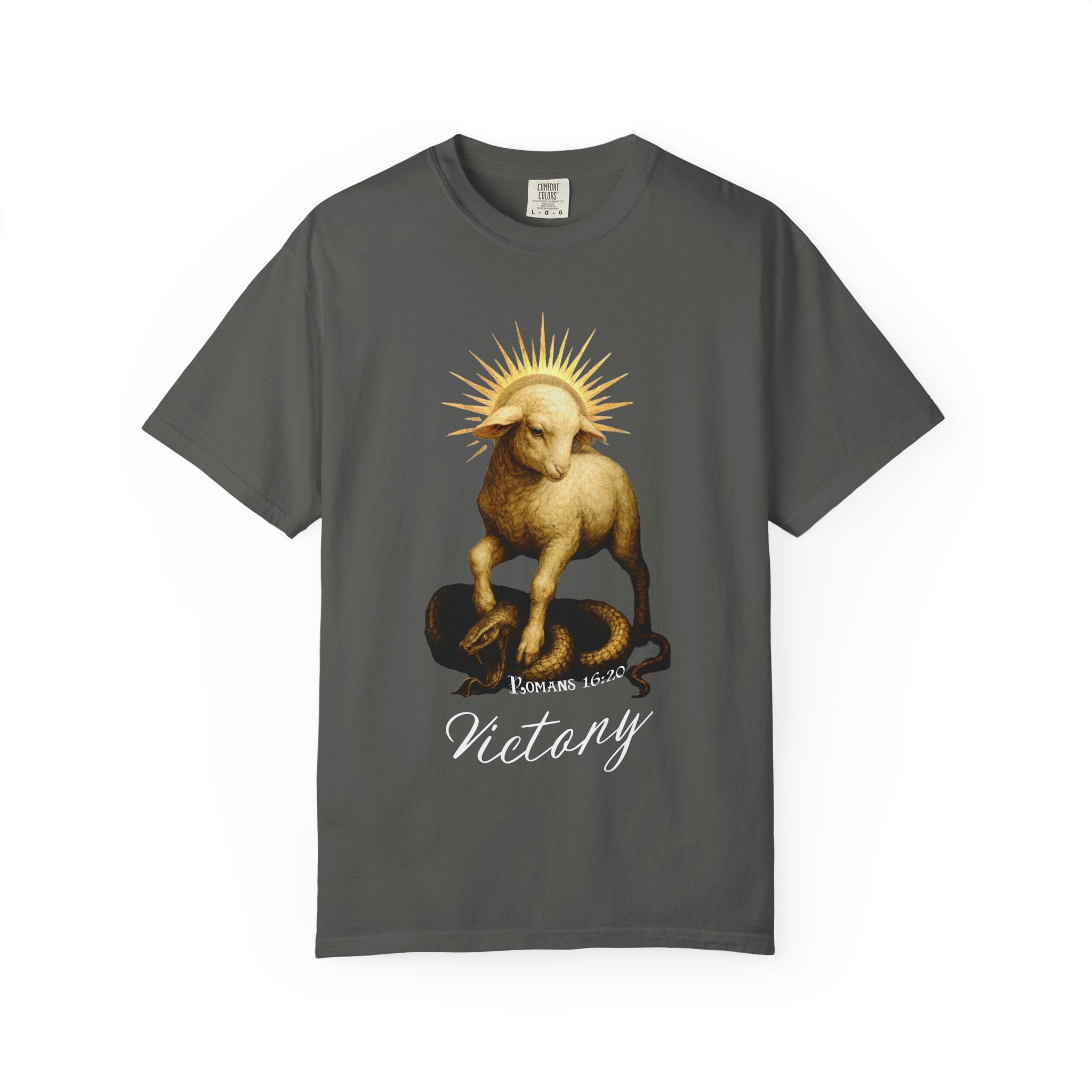 Gray t-shirt with a graphic of a lamb on a snake and the word 'Victory' on a white background