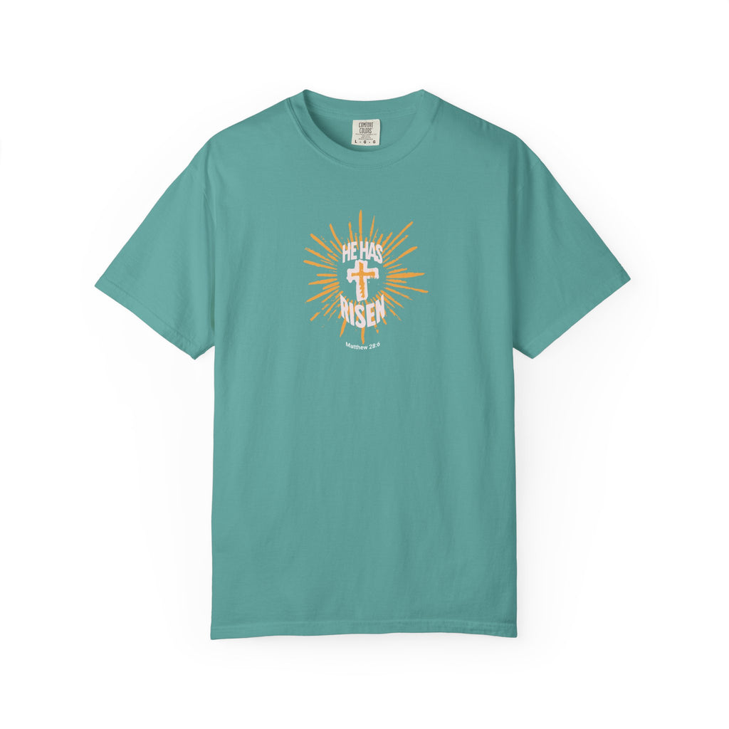 Blue t-shirt with white text on a white background