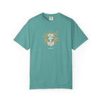 Blue t-shirt with white text on a white background