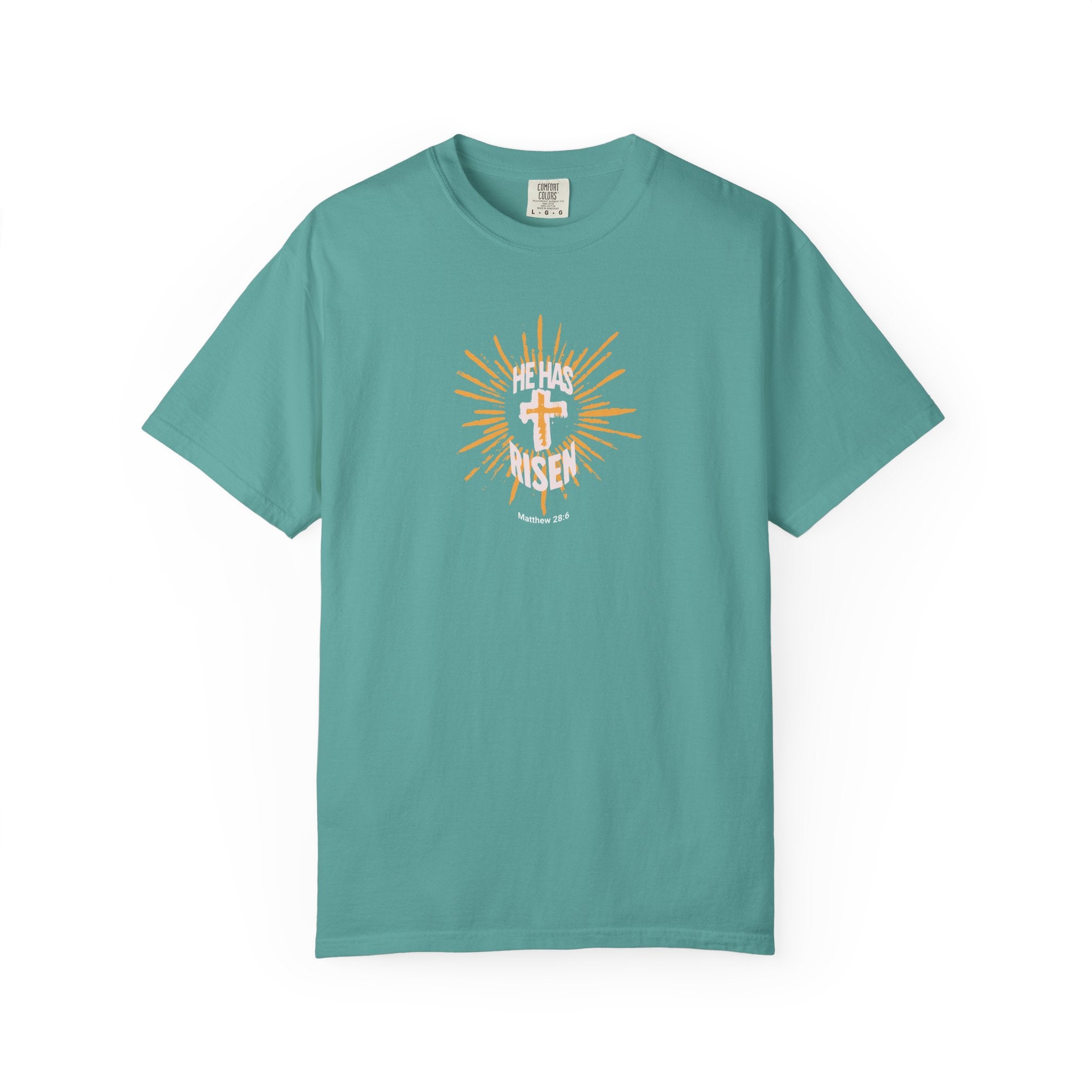 Blue t-shirt with white text on a white background