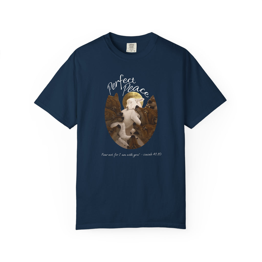 Black t-shirt with a graphic design of a baby Jesus and the text 'Perfect Peace' on a white background.