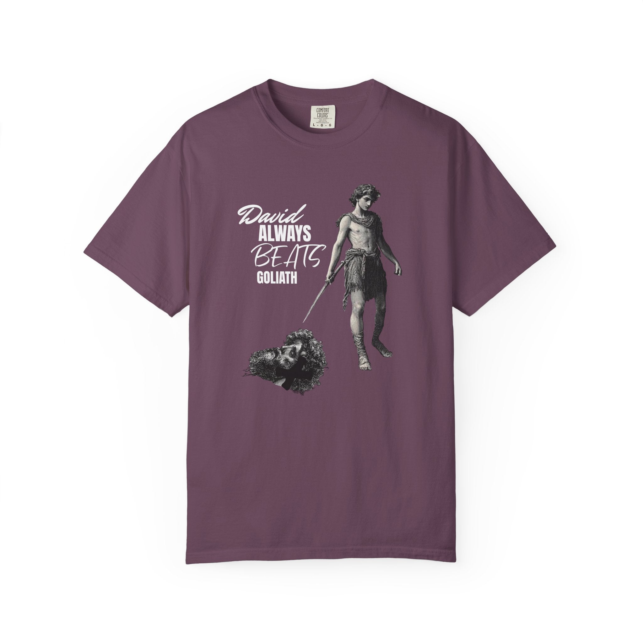 Purple t-shirt with graphic design and text on a white background