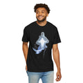 Man wearing a black t-shirt with a ghostly figure design on a white background