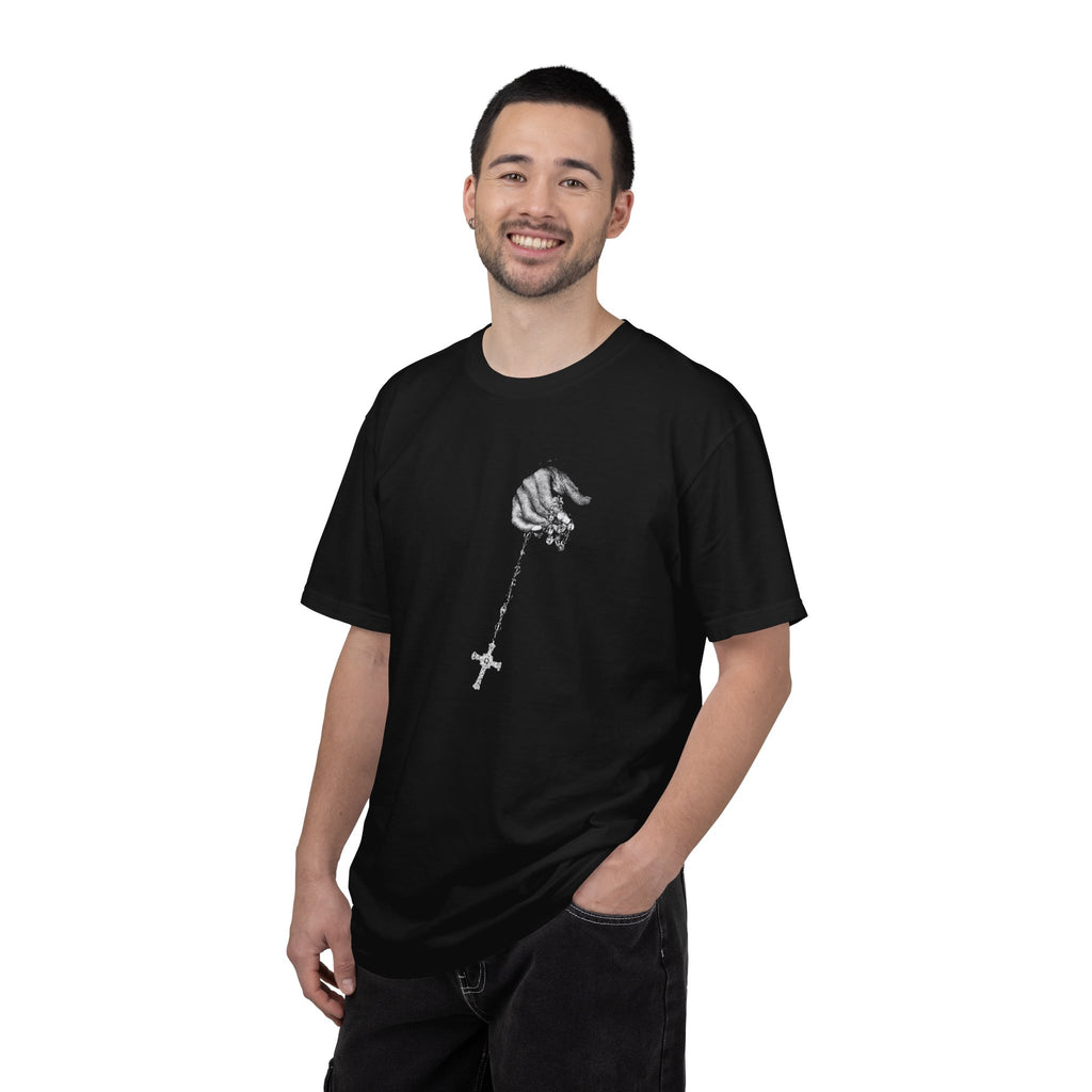 Man wearing a black t-shirt with a white graphic and text on a white background