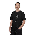 Man wearing a black t-shirt with a white graphic and text on a white background