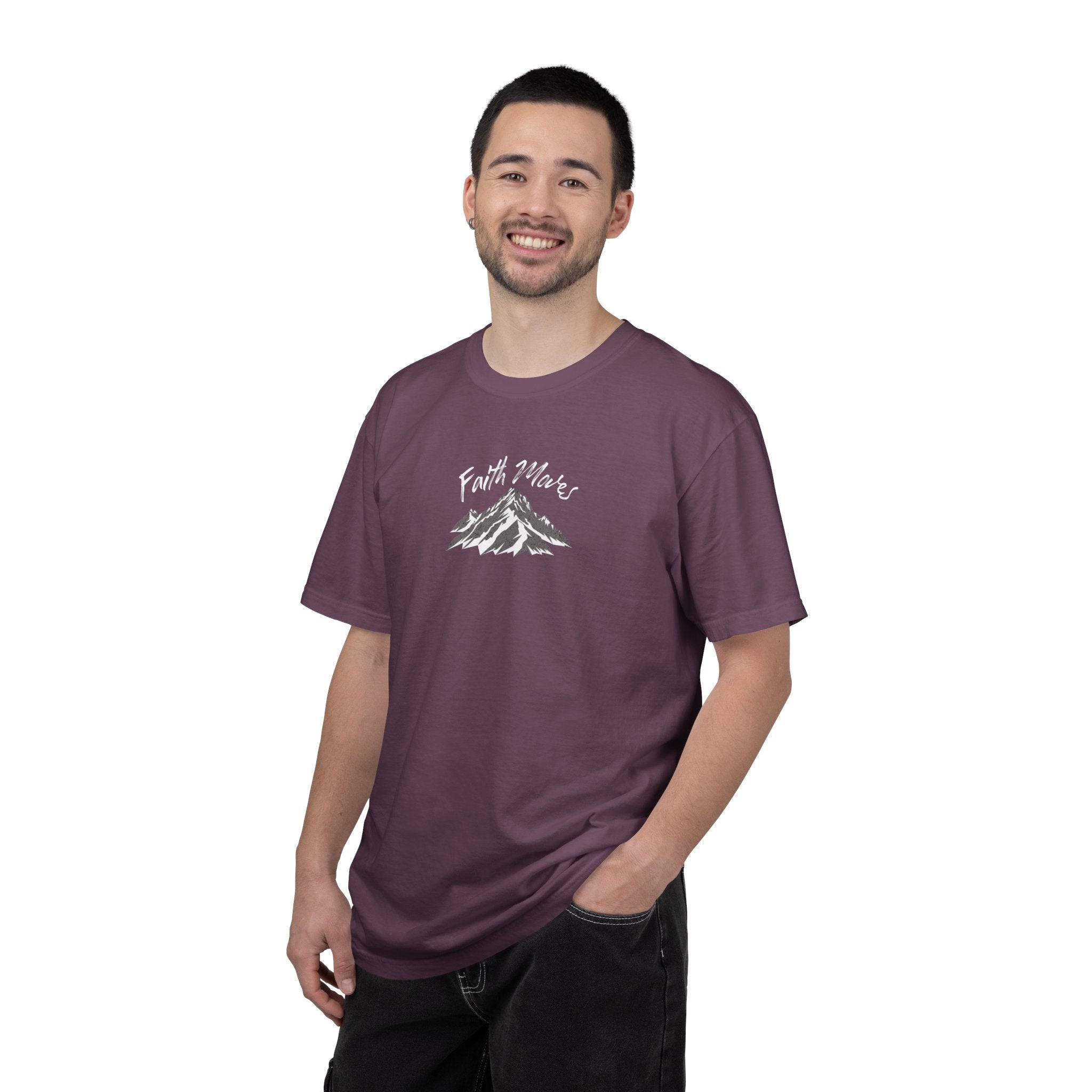 Man wearing a purple t-shirt with a logo on a white background