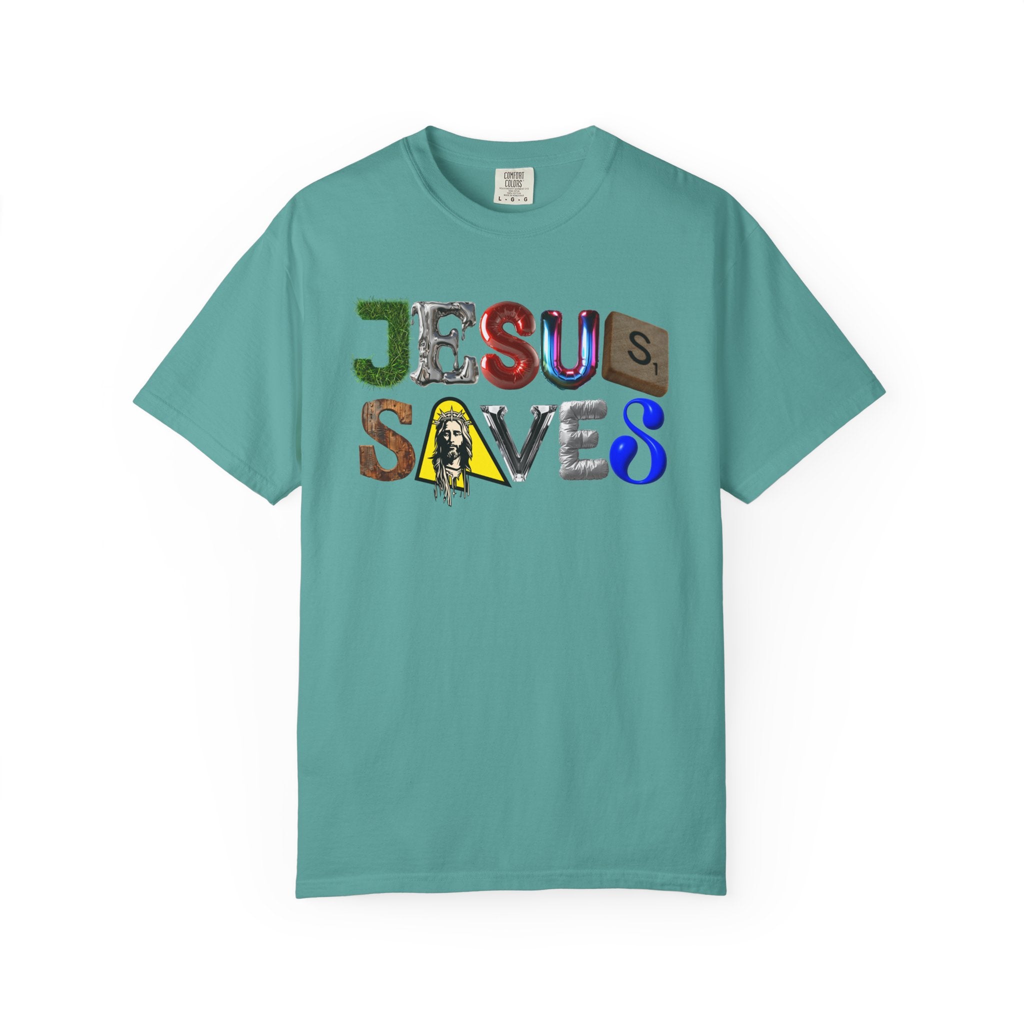 Teal t-shirt with 'Jesus Saves' text design on a white background
