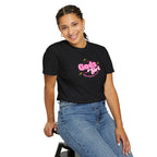 Person wearing a black t-shirt with a graphic design on a white background