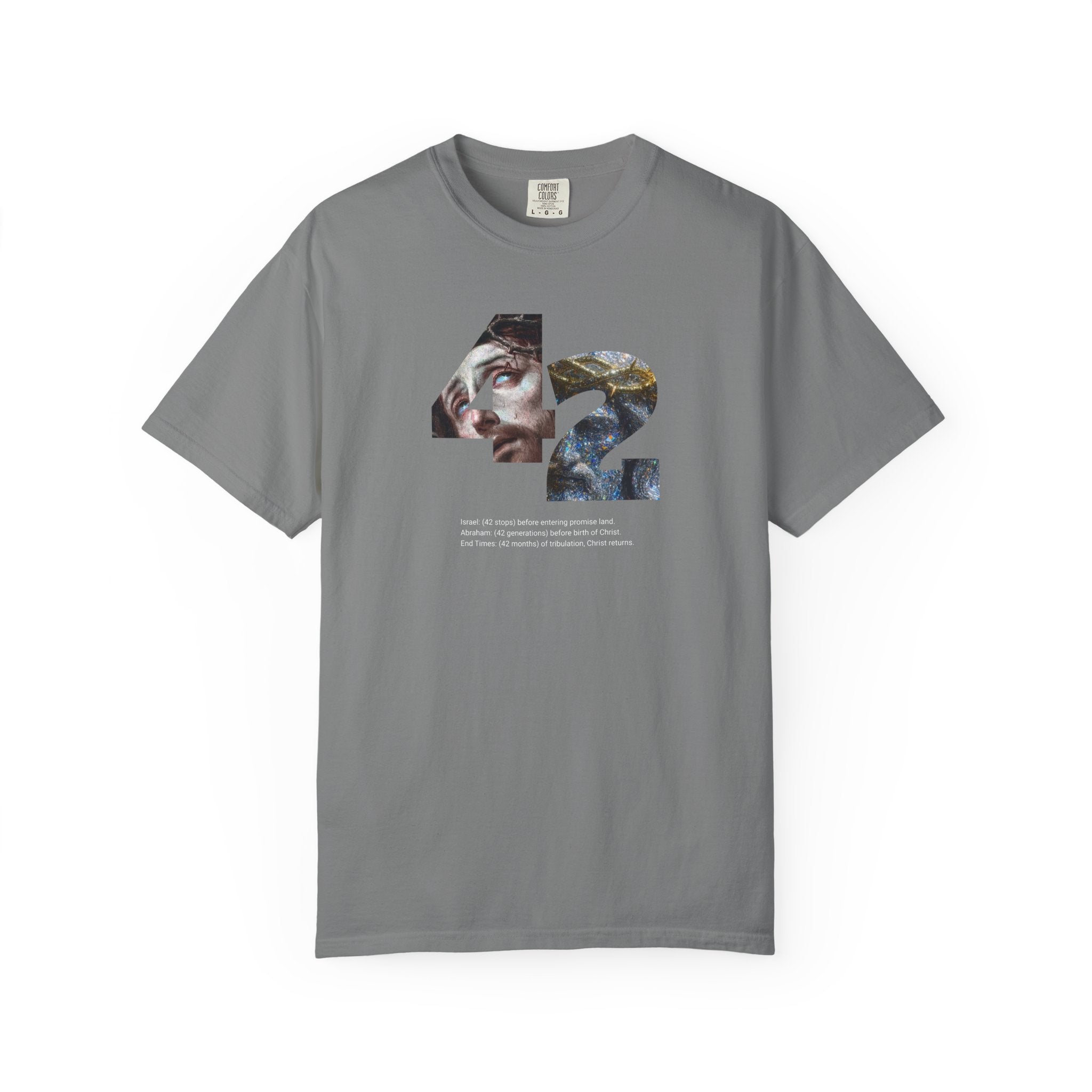 Gray t-shirt with a graphic design on a white background