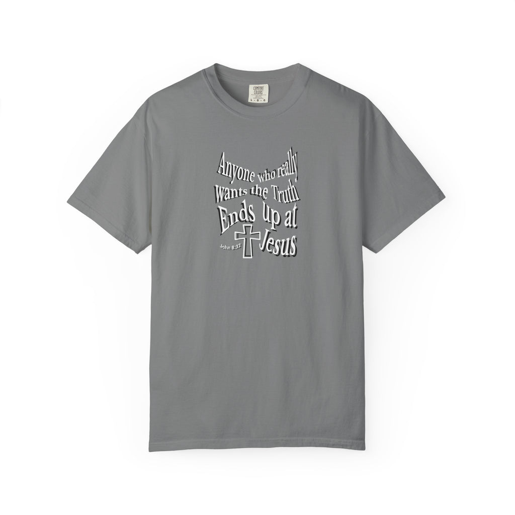Blue t-shirt with a graphic design and text on a white background