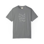 Blue t-shirt with a graphic design and text on a white background