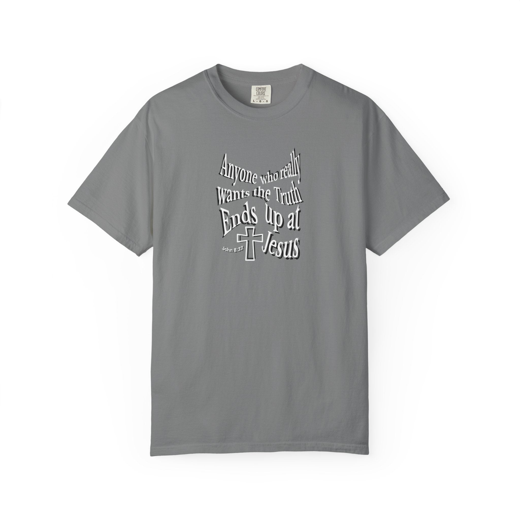 Blue t-shirt with a graphic design and text on a white background