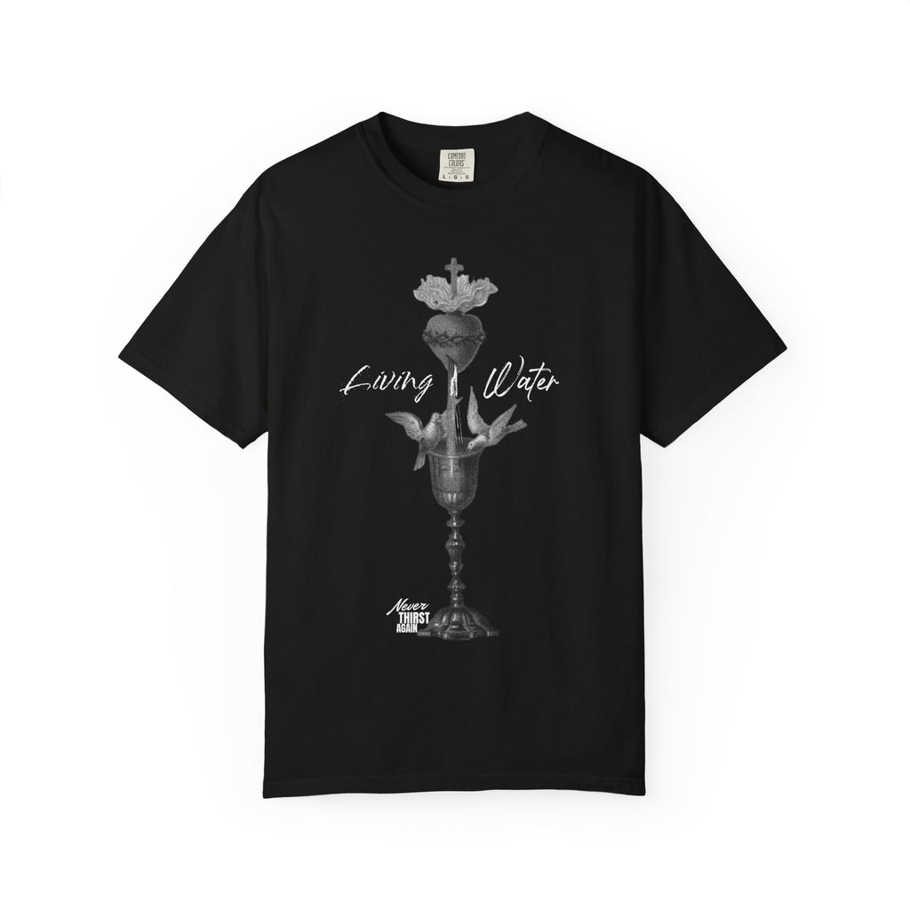 Black t-shirt with white graphic design on a white background
