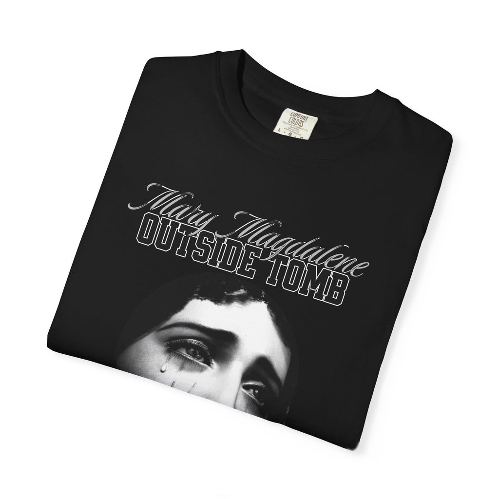 Black t-shirt with a graphic design and text on a white background
