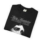 Black t-shirt with a graphic design and text on a white background