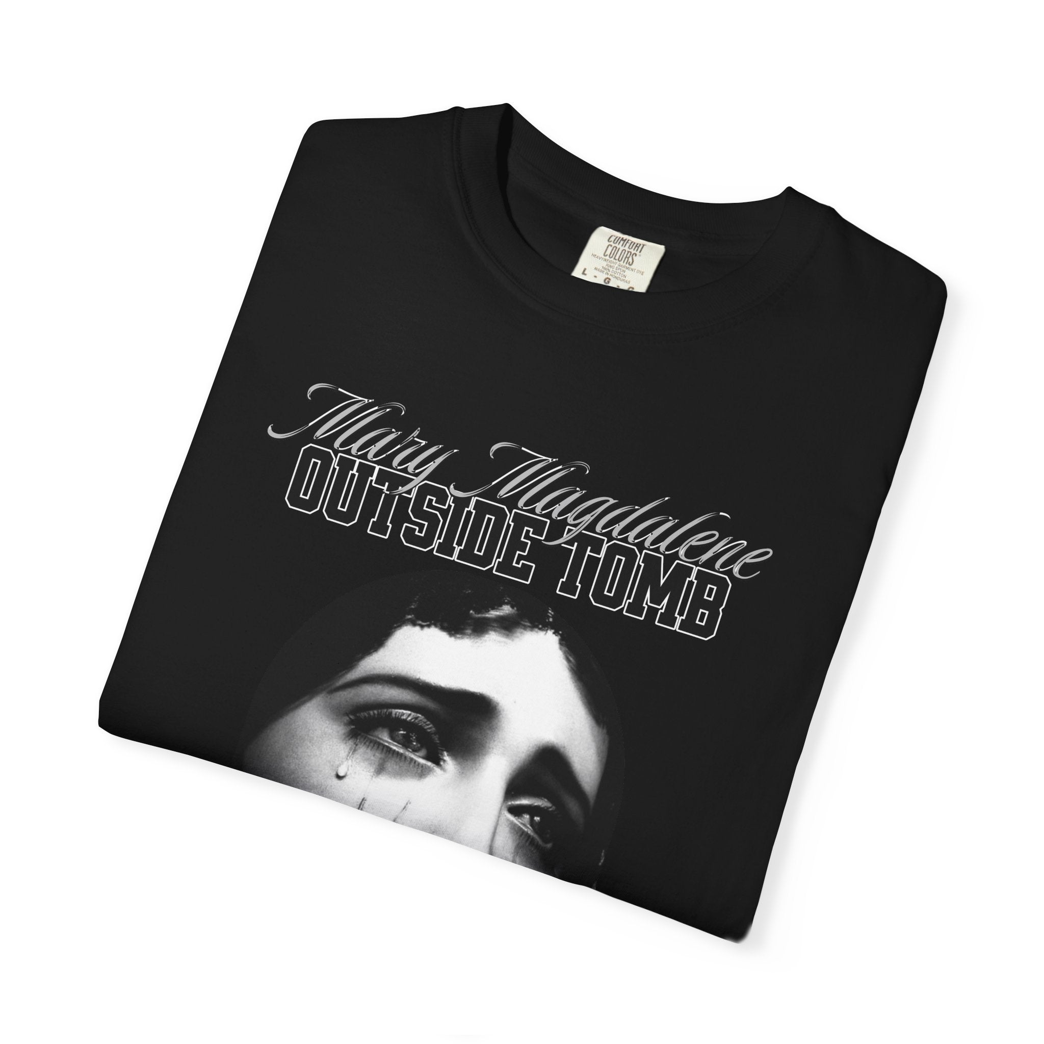 Black t-shirt with a graphic design and text on a white background