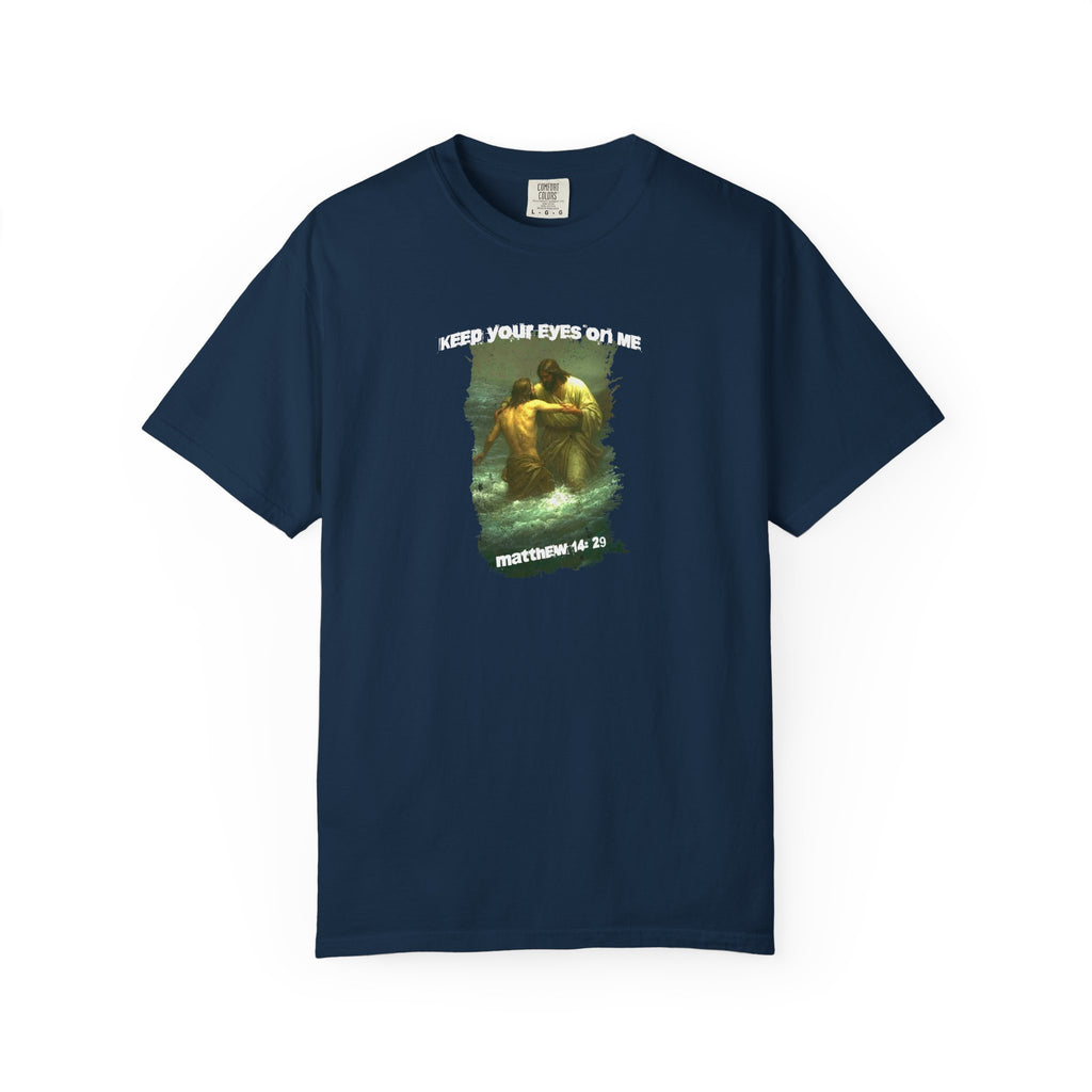 Navy blue t-shirt with a graphic design and text on a white background