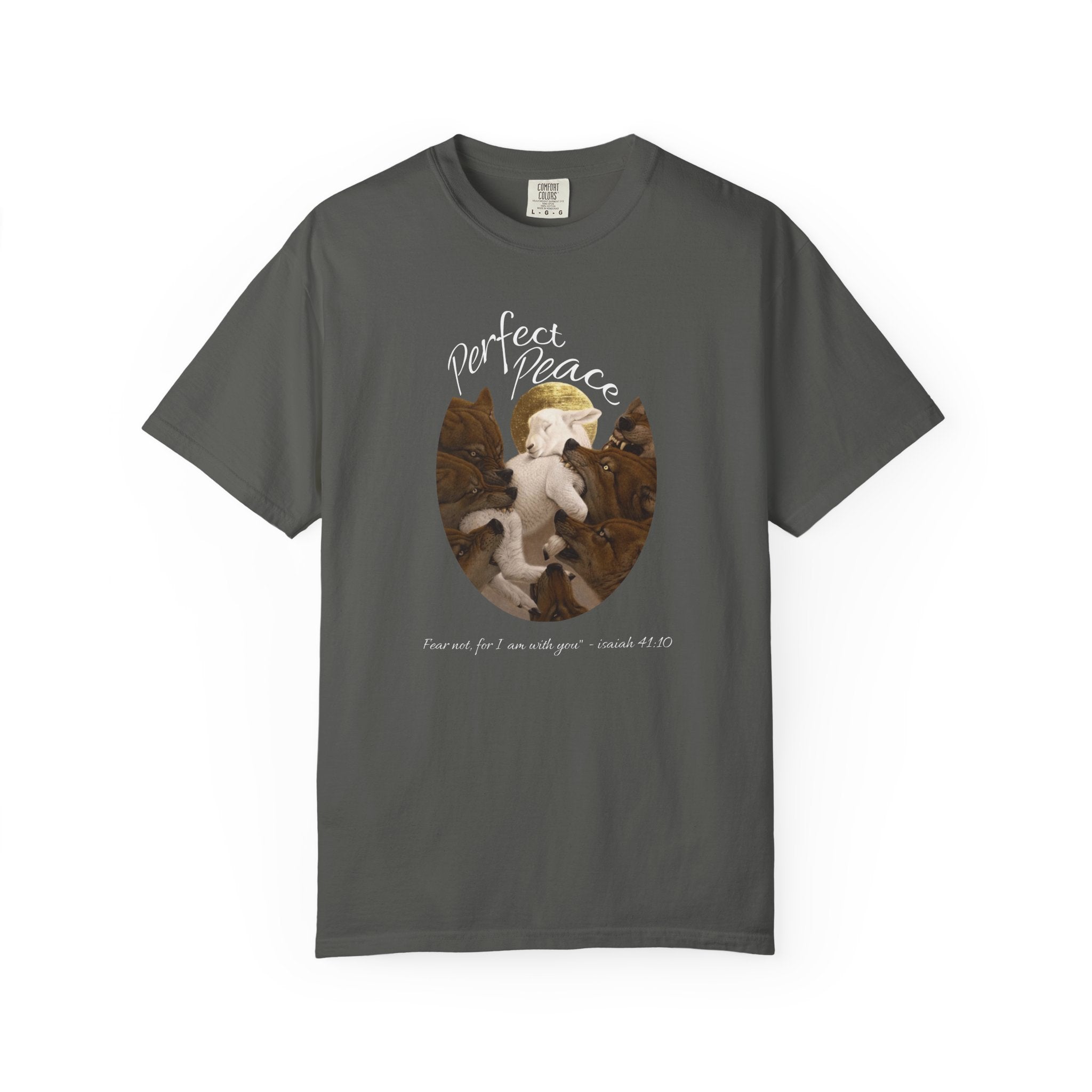 Gray t-shirt with a graphic of cats and text on a white background