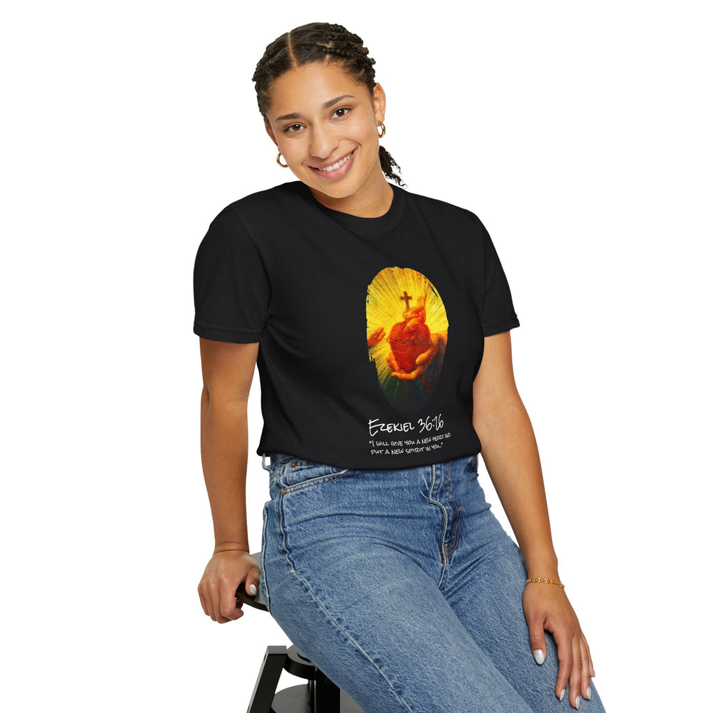 Person wearing a black t-shirt with a colorful graphic design on a white background