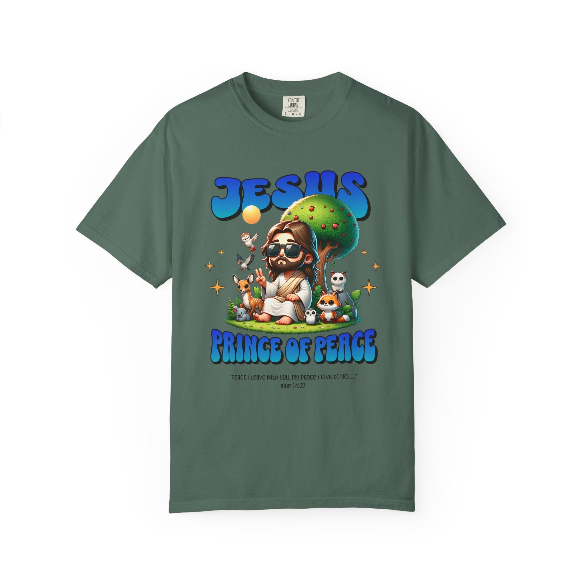 Green t-shirt with 'Jesus Prince of Peace' graphic design on a white background