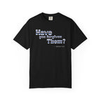 Navy blue t-shirt with white text on a white background
