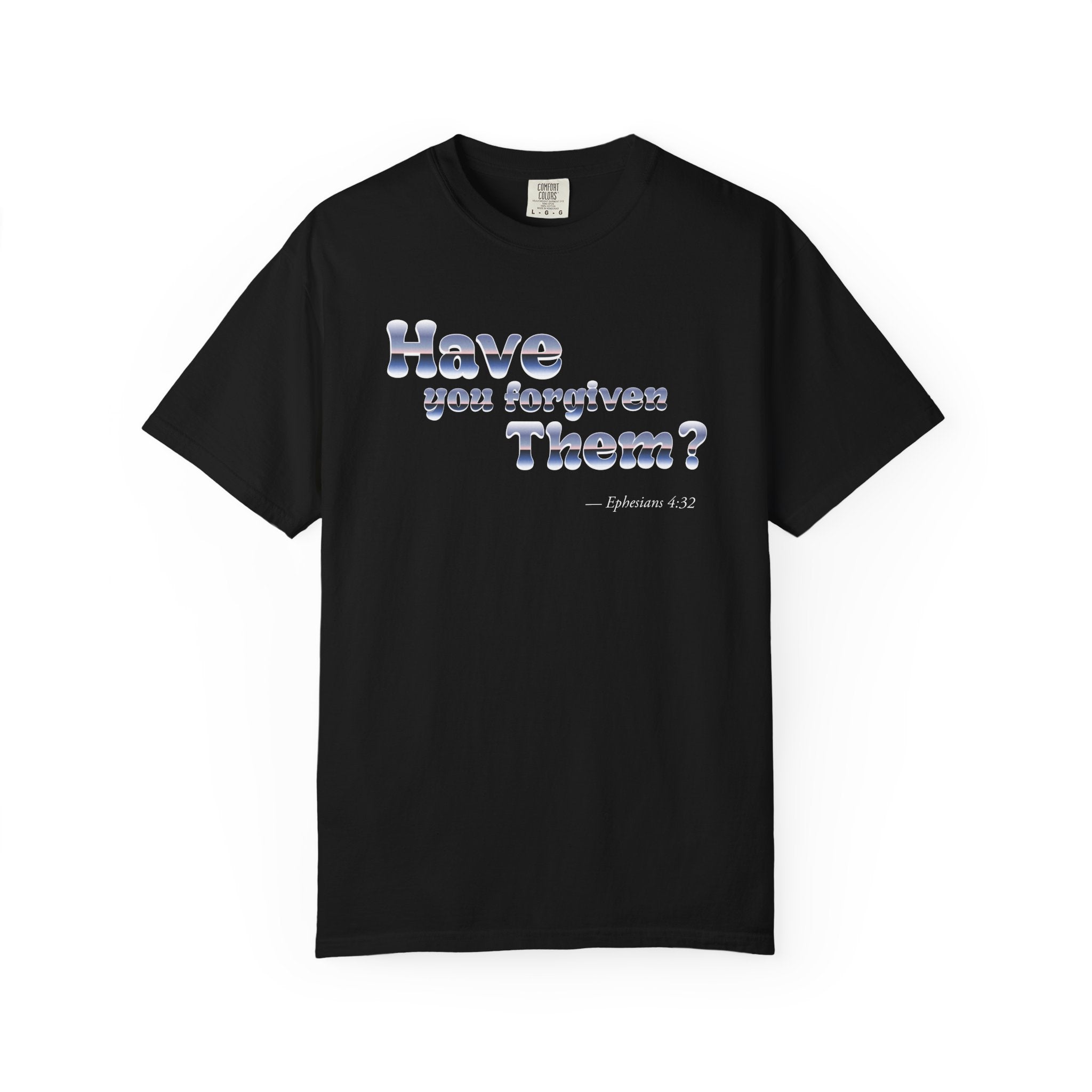 Navy blue t-shirt with white text on a white background