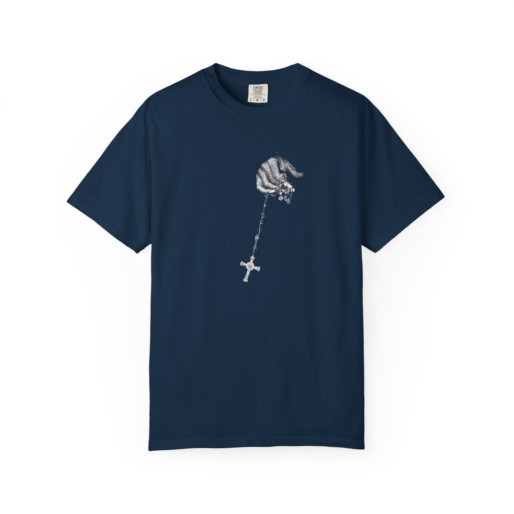 Navy blue t-shirt with a small white logo on a white background