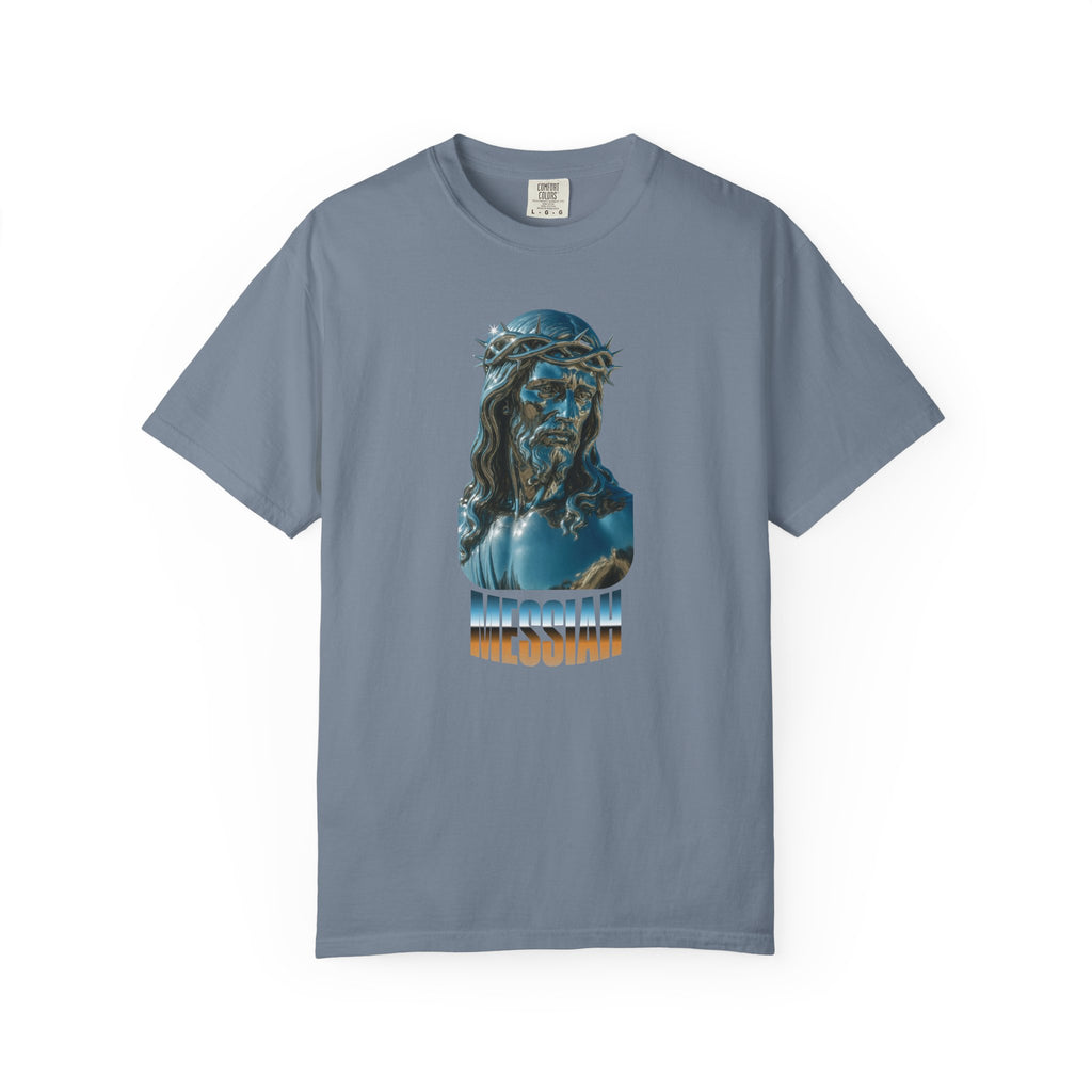 Gray t-shirt with a graphic of a religious figure and text on a white background