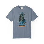 Gray t-shirt with a graphic of a religious figure and text on a white background