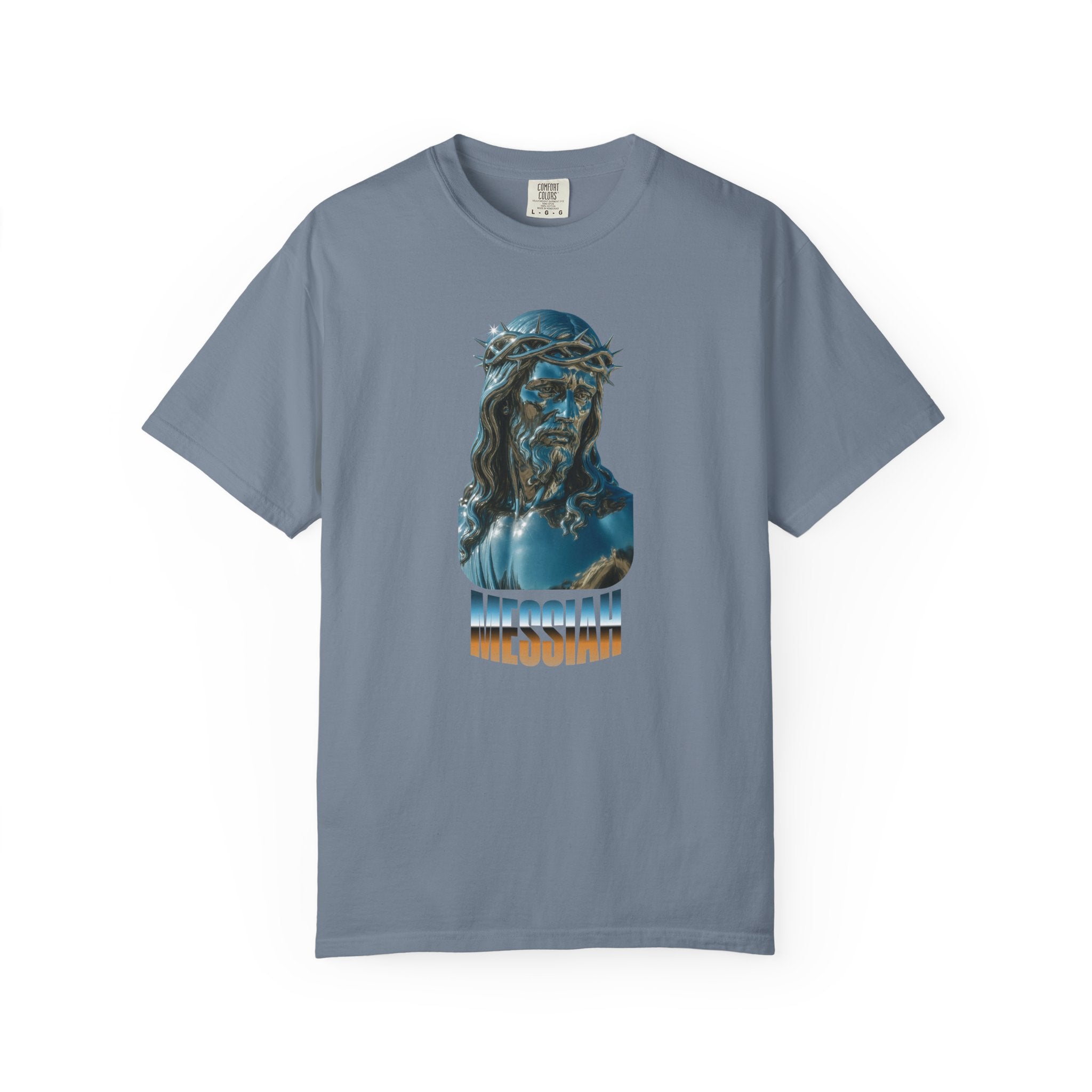 Gray t-shirt with a graphic of a religious figure and text on a white background