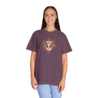 Woman wearing a purple t-shirt with text on a white background