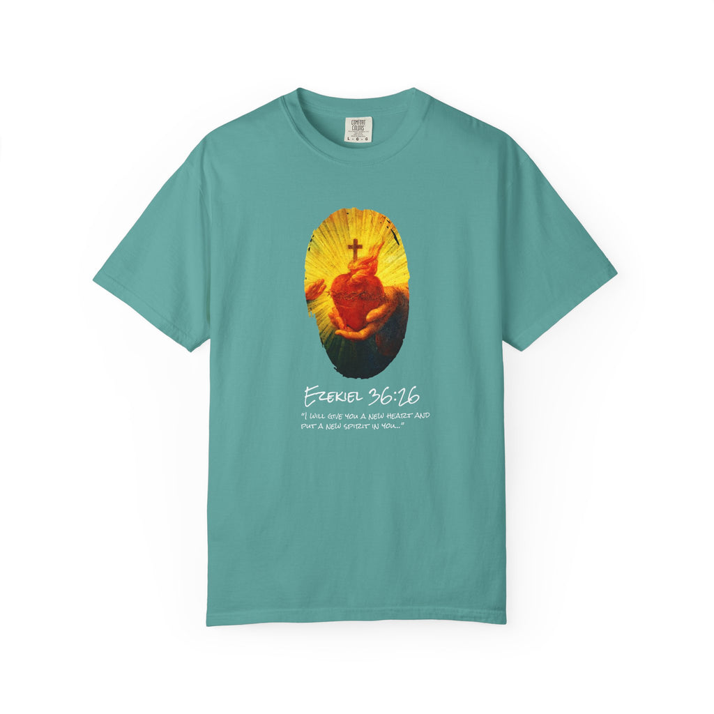 Teal t-shirt with a graphic design and text on a white background
