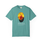 Teal t-shirt with a graphic design and text on a white background
