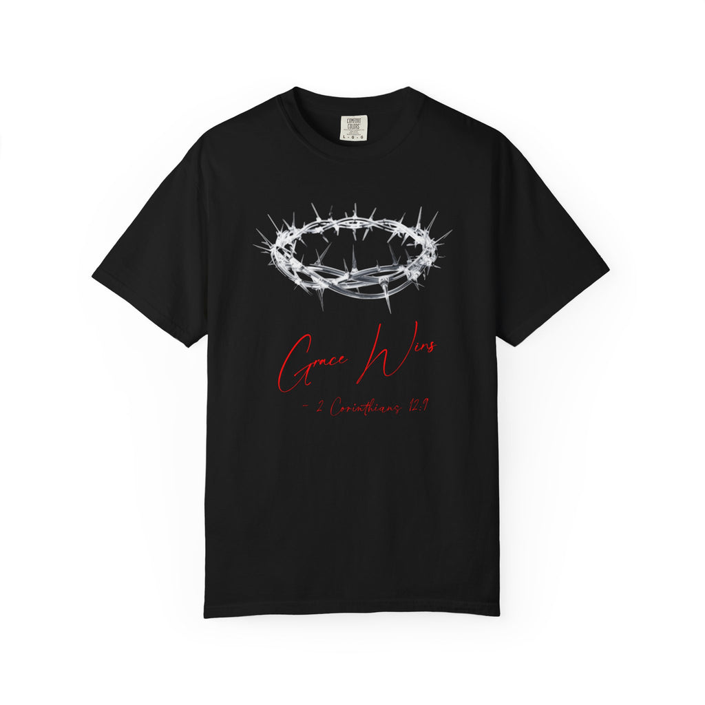 Black t-shirt with a crown of thorns graphic and 'Grace Wins' text on a white background