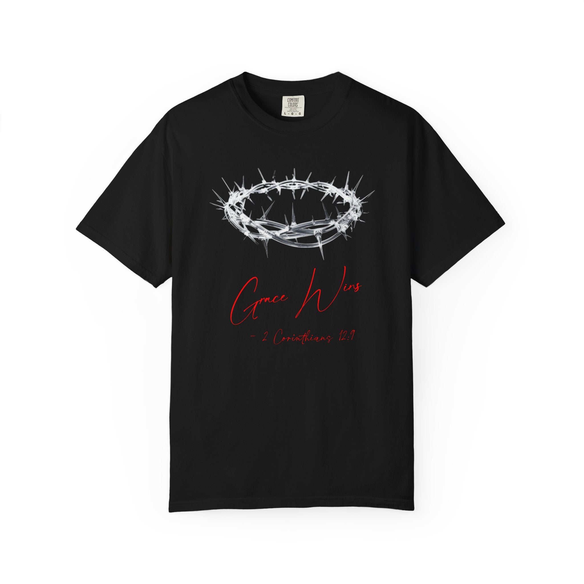 Black t-shirt with a crown of thorns graphic and 'Grace Wins' text on a white background