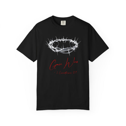 Black t-shirt with a crown of thorns graphic and 'Grace Wins' text on a white background