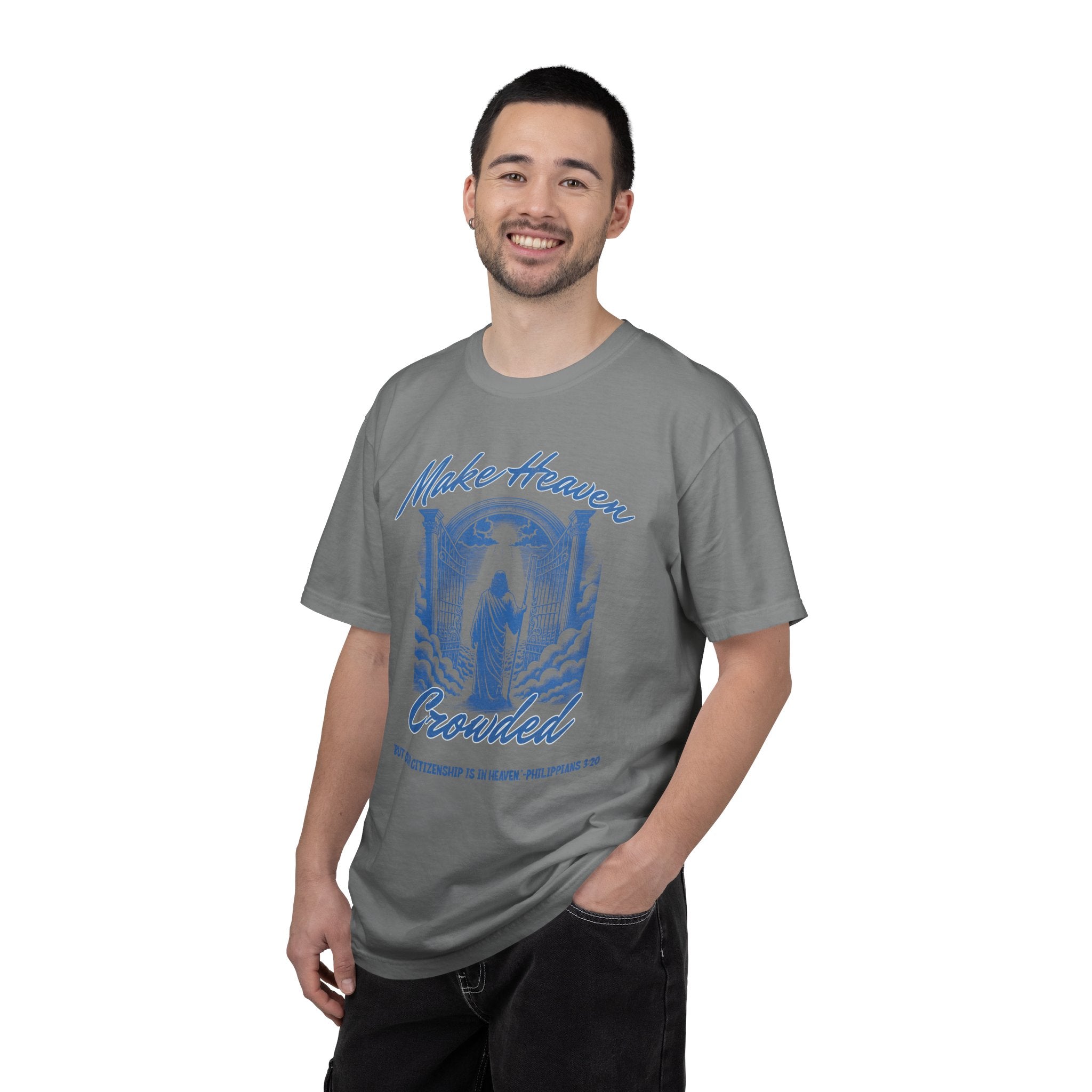 Man wearing a gray t-shirt with blue graphic design on a white background