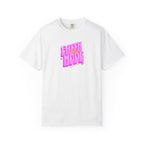 White t-shirt with colorful text design on a white background