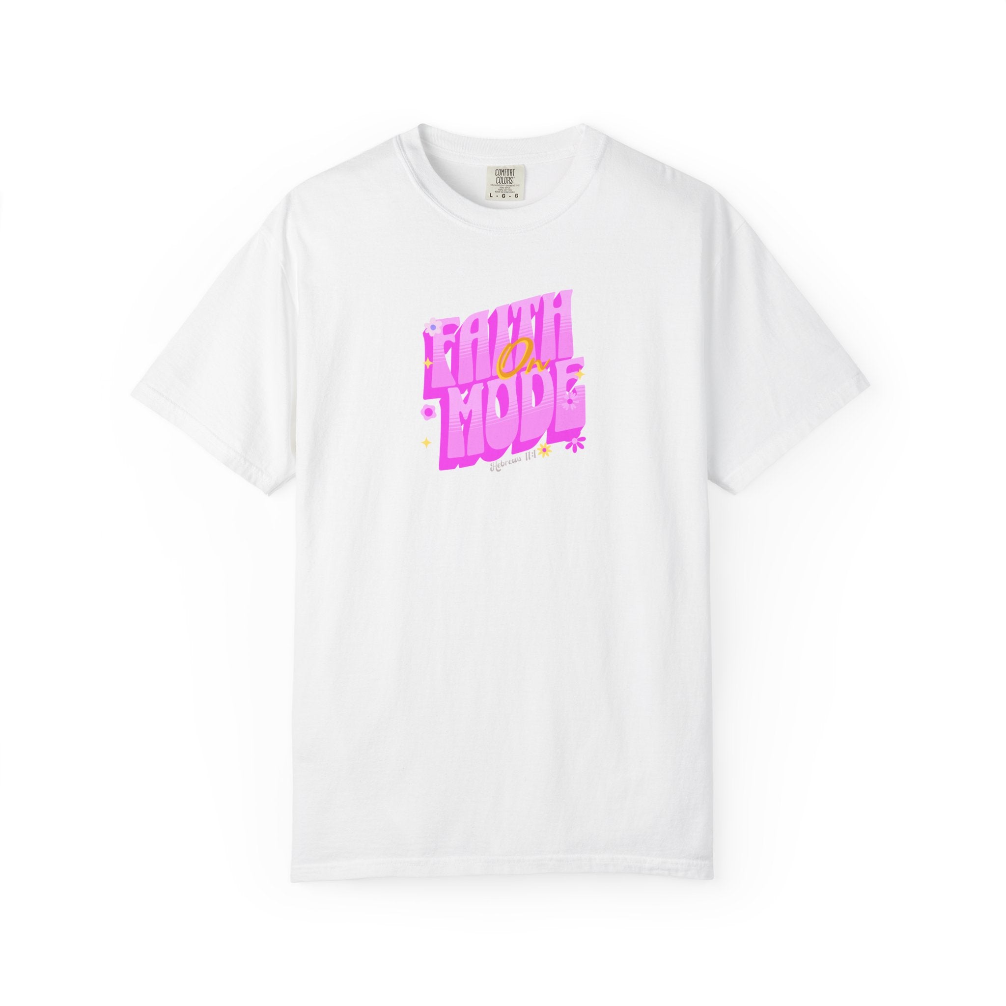 White t-shirt with colorful text design on a white background