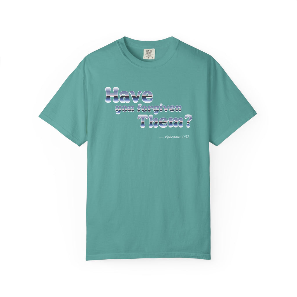 Teal t-shirt with text design on a white background