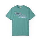 Teal t-shirt with text design on a white background