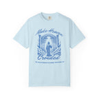 Light blue t-shirt with a graphic design and text on a white background